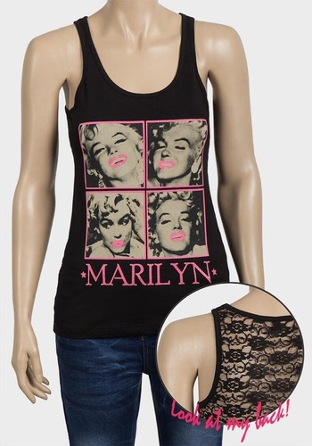 Ladies Marylin Monroe Vest Top Lace Back Iconic Vintage Print Retro Black - Picture 4 of 5