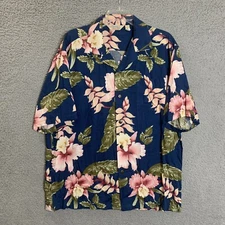 Sunny Island Hawaiian Button Shirt Mens Large Blue Pink Floral Short Sleeve