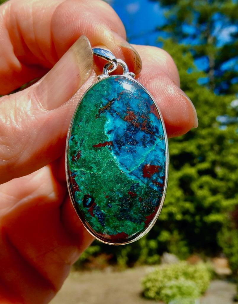 Chrysocolla Large Oval Pendant 925 Sterling Silver Eases Anxiety