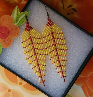 Handmade Beaded Earrings Sun Glow Yellow Leaf Pattern