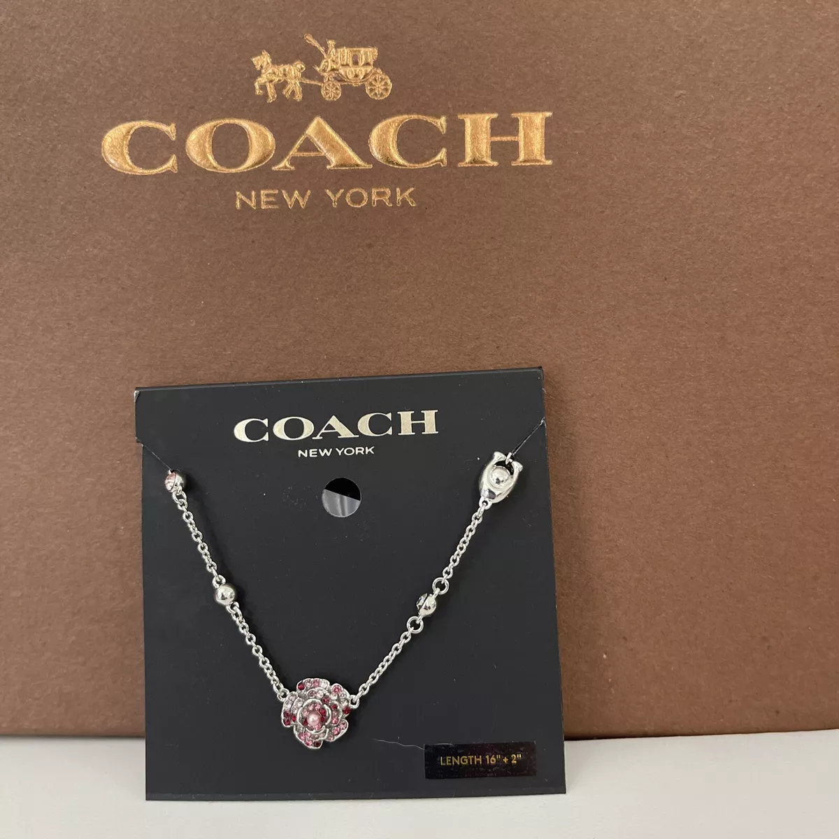 NWT Coach Sparkling Rose Stone Silver Tone Necklace CG071 eBay