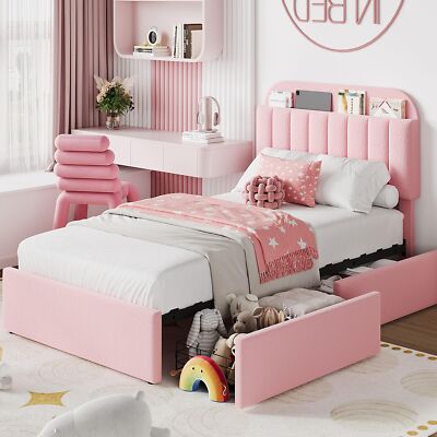 Full/Twin/Queen Bed Frame Girl Bed Frame W/ Books Storage Headboard & 2 Drawers