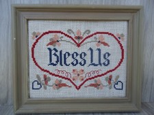 VTG Bless Us Floral Heart Cross Stitch Picture Frame No Glass Country Farm Decor