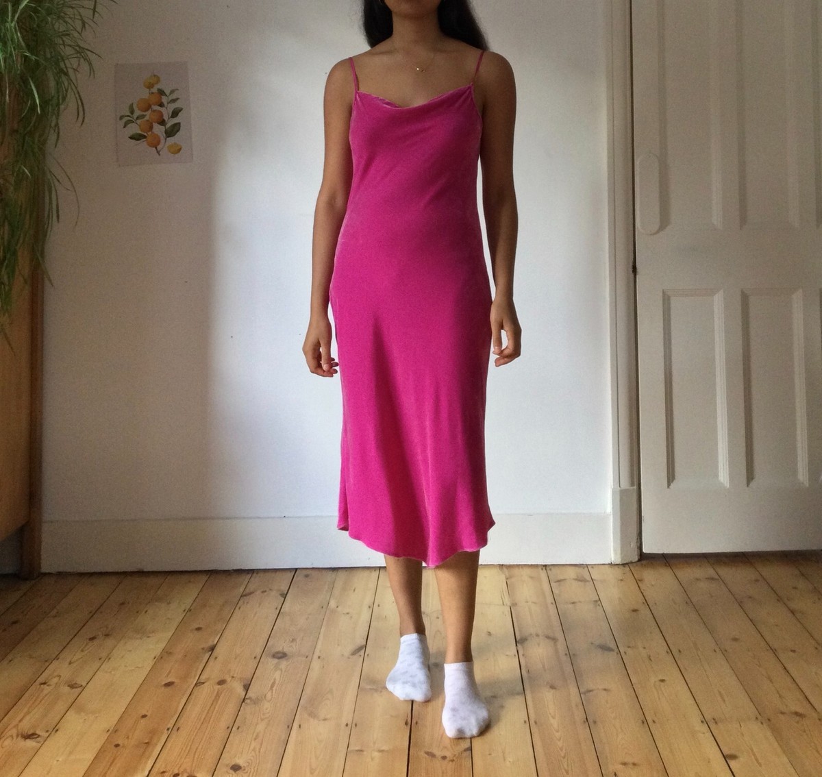 Vintage 90s St Michael Cowl Pink Velvet Midi Dress Slip Dress Party Silk 8  10 y2