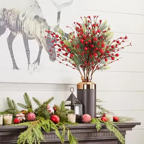 6Pack Christmas Floral Picks Artificial Berry Stems 17inch Christmas Berry Red - Afbeelding 4 van 7