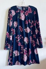 Chaps Long Sleeve Knee Length Knit Dress Navy Blue Pink Red Floral Womens Size S