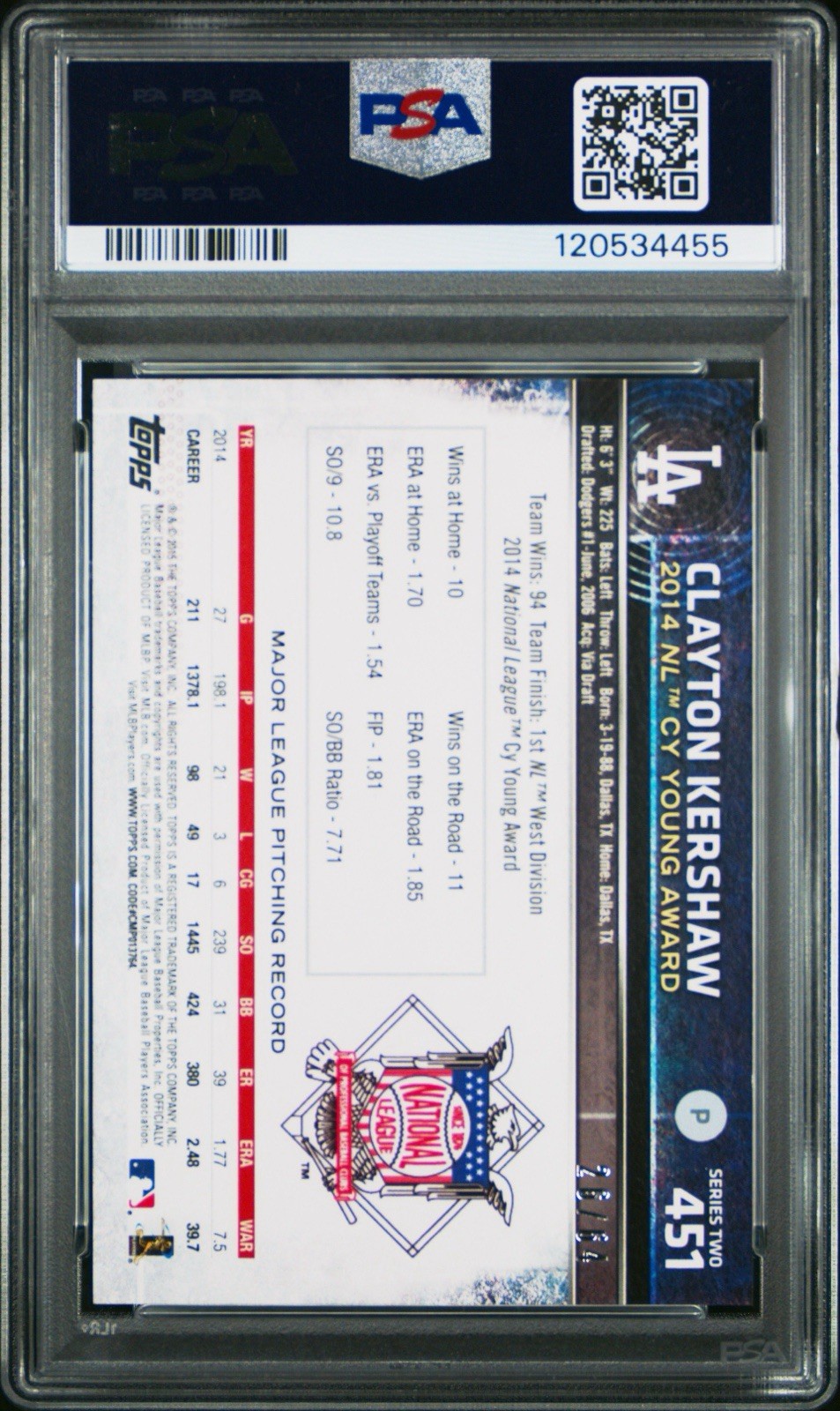 2015 Topps Clayton Kershaw #451 Black /64 PSA 8 Pop 1 Dodgers Card None Higher view 2
