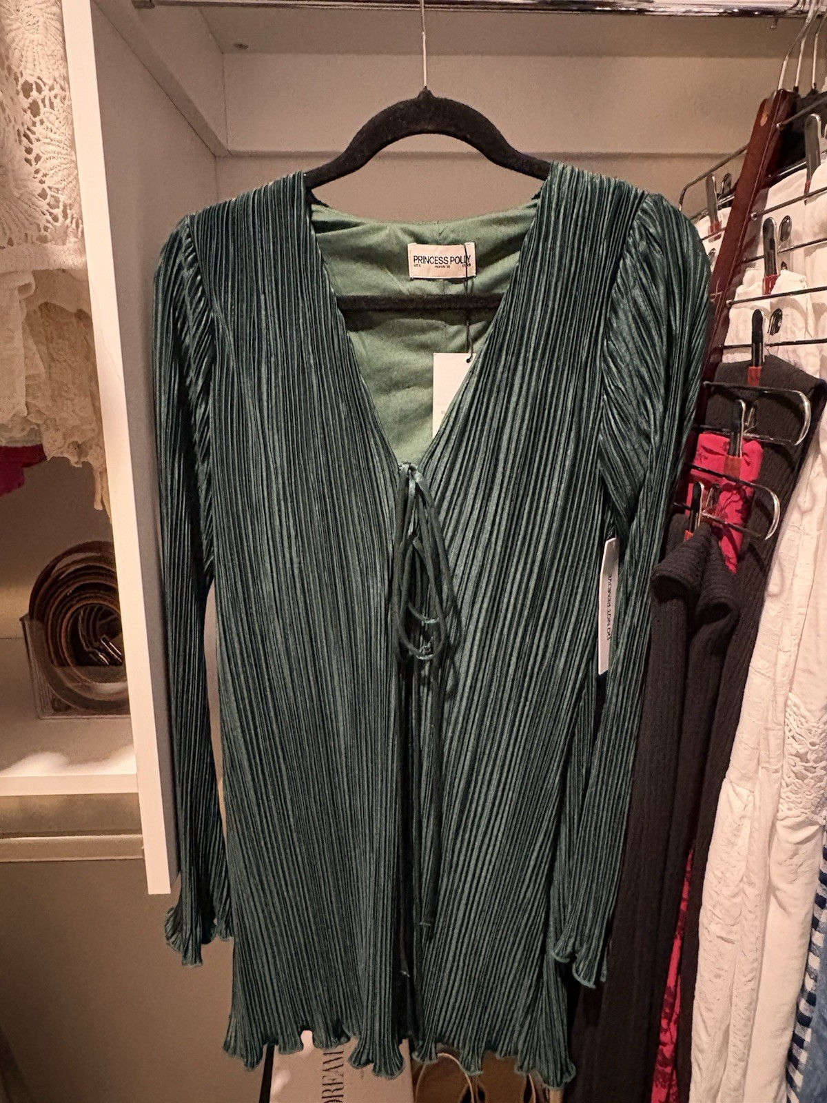 Princess Polly Green Solid V-Neck Long Sleeve Pleated Tie Mini Dress 6