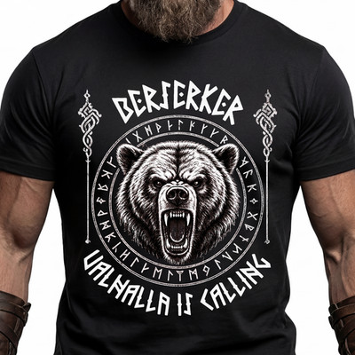 Berserker Valhalla Is Calling Wikinger T-Shirt Bär Runen Krieger Herren Schwarz
