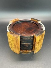 Vintage Wooden Coaster Set With Stainless Accents 6 Coasters And Holder BN13