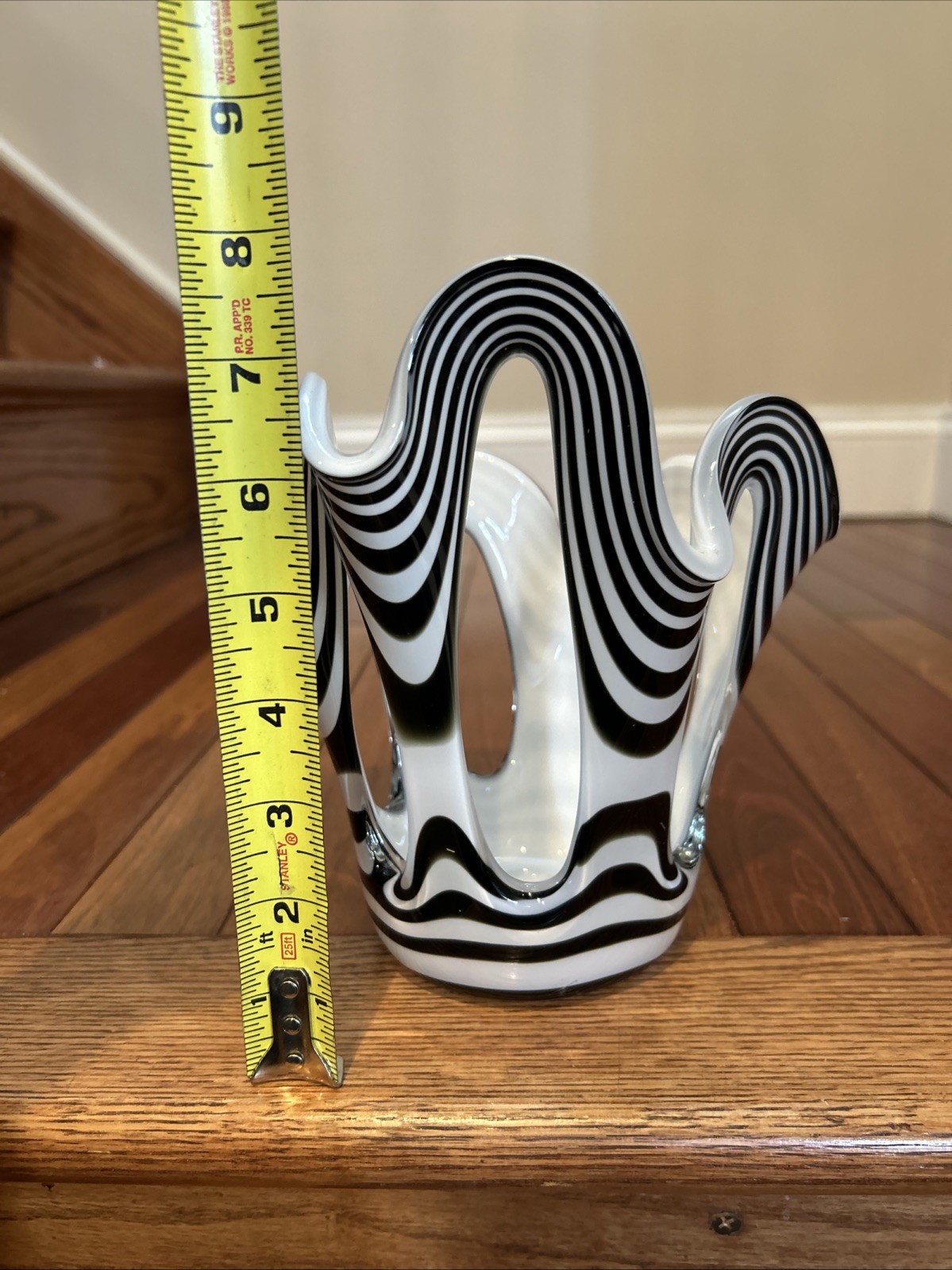 MCM Zorza Art Glass/Candle Holder Hand Made In Poland Black & White Zebra Swirl
