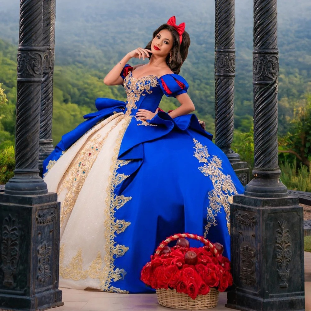 Blanco Nieve Quinceañera Vestidos Niñas Mangas Hinchadas Apliques Dorados Vestidos Vestido
