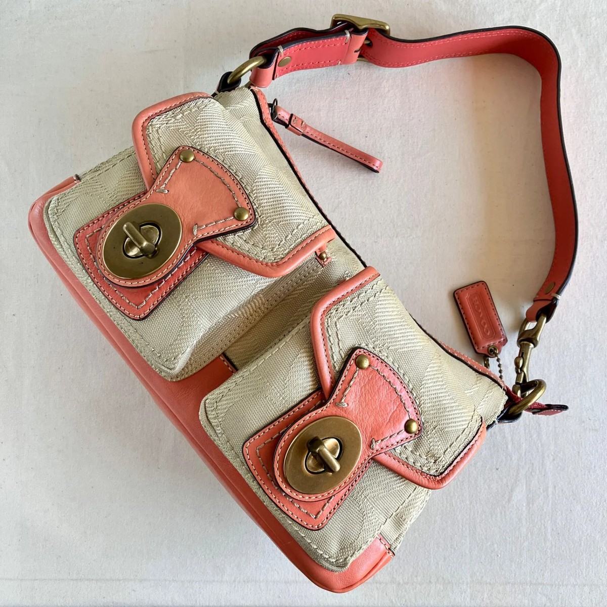 Coach y2k Legacy Pink Leather Canvas Double Turn lock Shoulder Bag