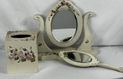 Vintage Hand Painted Floral Wood Vanity Mirror & Tissue Box Cottage Decor