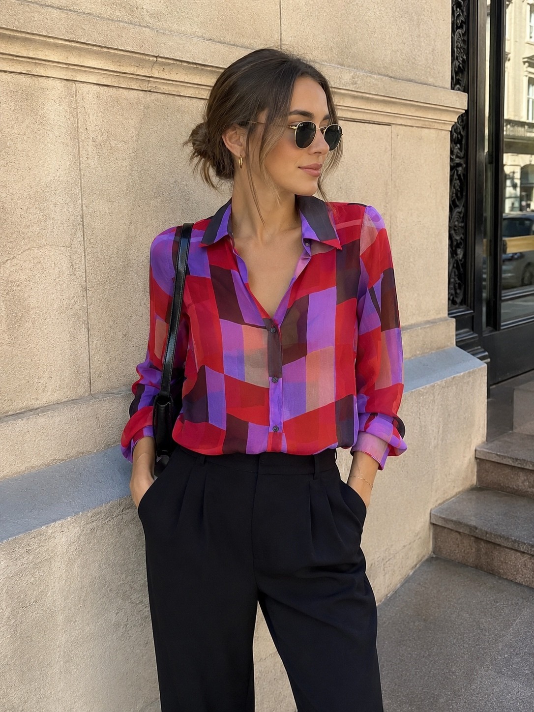 Red and purple Theory silk blouse with geometric print