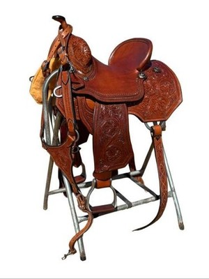 Tan Western Horse Saddle Barrel Racing Hand Tooled Craved Leather Trail Tack Set