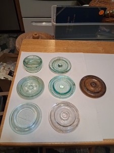 LOT #2 -  7 EARLY SCARCER GLASS FRUIT LIDS / INSERTS 