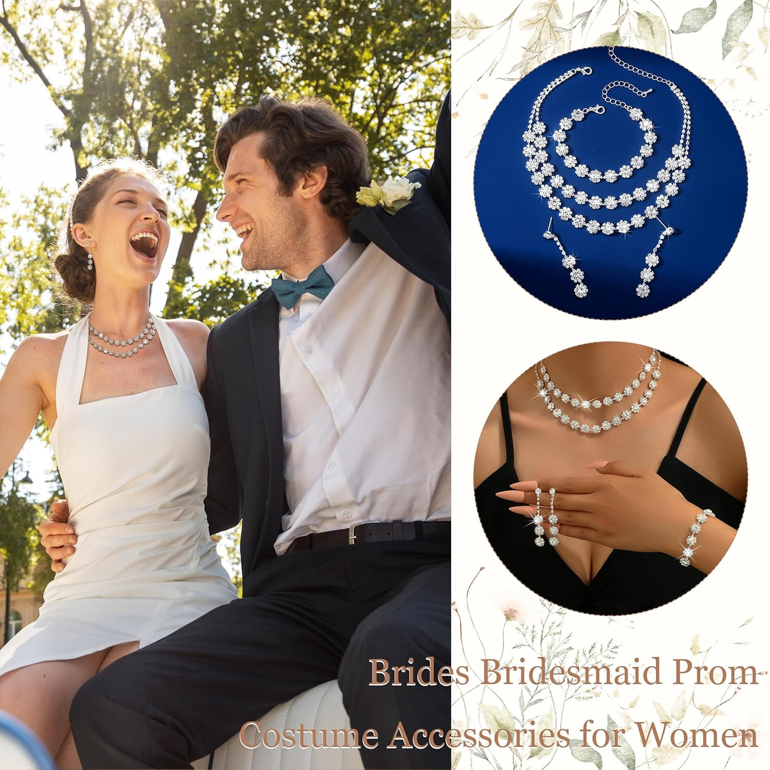 Silver Wedding Jewelry Sets for Brides Rhinestone Necklace Earrings Bracelet Set