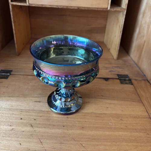 Indiana Glass Kings Crown Carnival Glass Iridescent Blue Thumbprint Bowl Vintage
