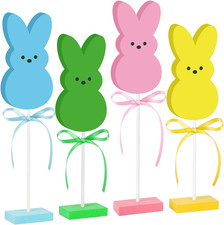 4 Pcs Easter Tiered Tray Decor Set Wooden Easter Bunny Signs Colorful Bunny Tabl