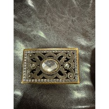 Antique Brass Filigree Belt Buckle with Large Crystal and Rhinestone Accents