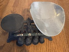 Antique Cast Iron Mercantile Balance Scale w/ 2 Pans, Scoop