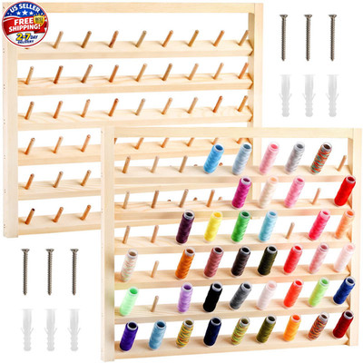 2 Pack 54 Spools Wooden Thread Holder, Large Racks, Wall Mount Storage Organizer