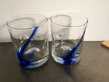 Set of 2 Libbey Crisa  Blue Ribbon Swirl Glass Rocks Glasses Thumbprint 4 in.