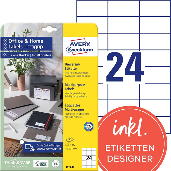 Avery Zweckform 3474-10 Adressaufkleber 240 Etiketten 70X37Mm A4 Weiß-image
