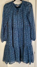 Studio A Blue Floral Lined Dress Sheer Sleeves Tie Neck Tiered Boho Size  S 4-6
