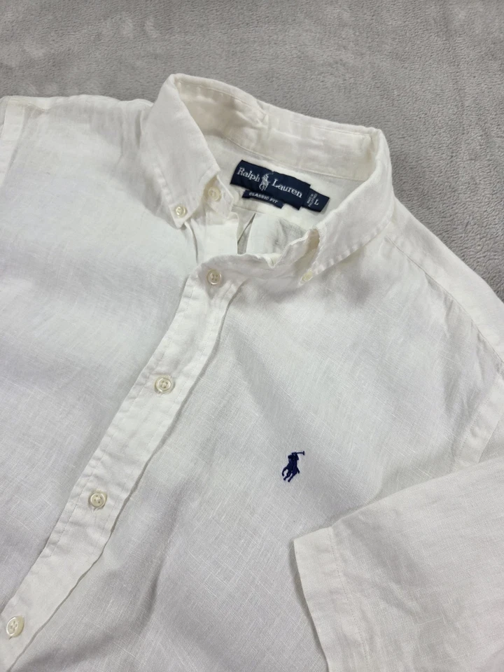 Camisa Ralph Lauren de Lino para Hombres Grande Calce Clásico Blanca Manga Corta Abotonada Poni Foto 4 de 4
