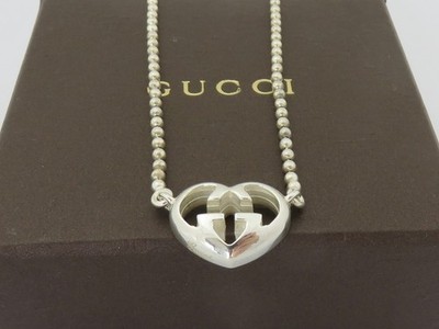 Gucci 925 Silver Interlocking G Logo Heart Ball Chain Pendant Necklace with Box