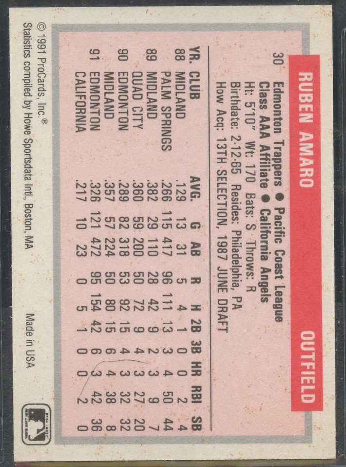 1991 ProCards Minor League #30 Ruben Amaro Edmonton Trappers - Image 2 of 2