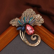 Women's Champagne Gold Crystal Rhinestone Lotus Flower Leaf Brooch Pin