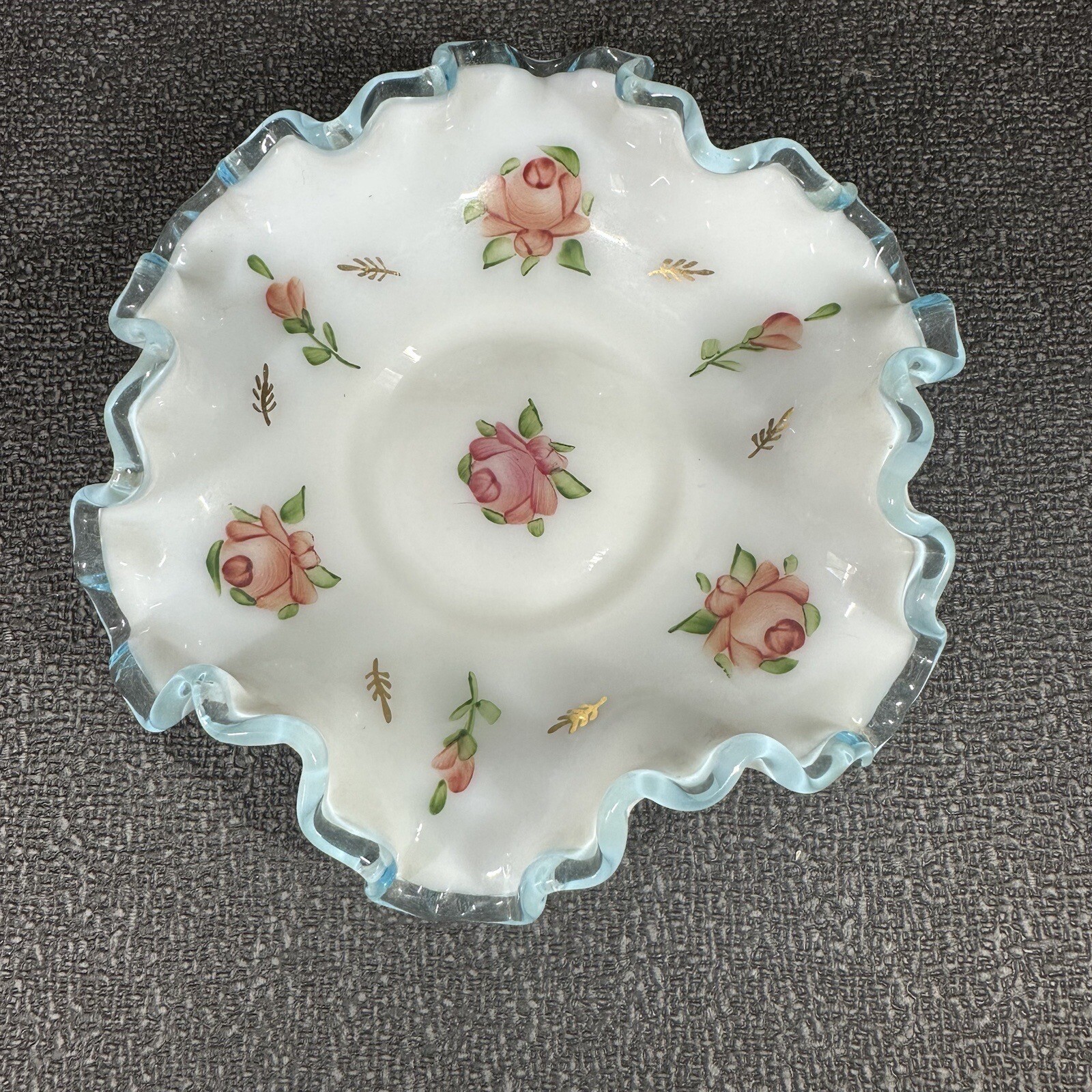 Vintage Fenton Aqua Crest Hand Painted Rose Milk Glass Ruffled Candy