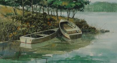 Watercolor of 2 Rowboats on a Lake Shore Pennsylvania Artist Richard Bollinger