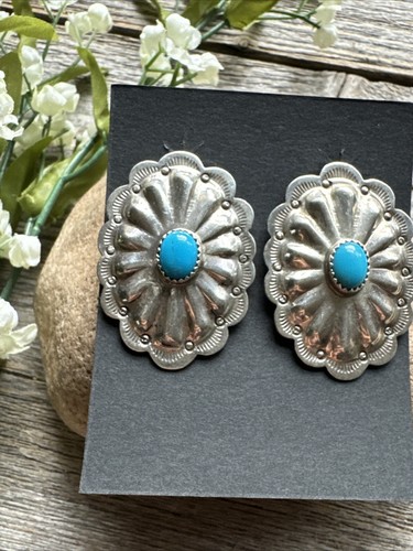 Navajo Native American Sterling Silver Turquoise Stud Earrings DM - Picture 3 of 12
