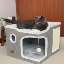 Cat Bed for Indoor Cats,Covered Cat Cave House  Furniture with Scratch Pad,F...