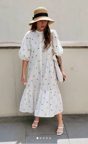 ZARA OYSTER WHITE PUFF SLEEVE MARIE FLORAL EMBROIDERED POPLIN RUFFLED MIDI DRESS - Picture 21 of 24