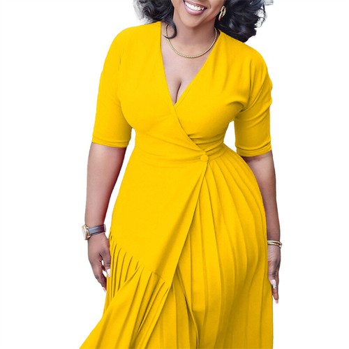 Fashion Pleated Summer Skirt Dress Waist V-neck Women's Clothing Mid-Length - Picture 5 of 36
