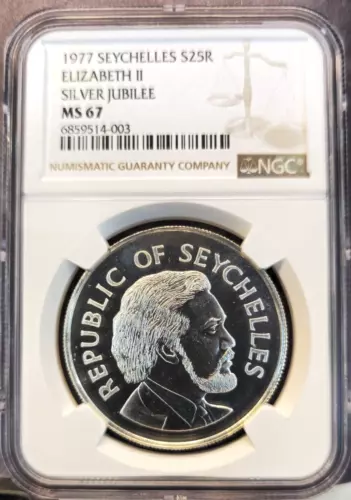 1977 SEYCHELLES SILVER 25 RUPEES QUEEN ELIZABETH II SILVER JUBILEE NGC MS 67
