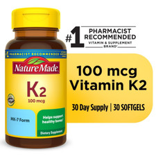 Vitamin K2 100 Mcg Softgels, Dietary Supplement for Bone Support, 30 Count