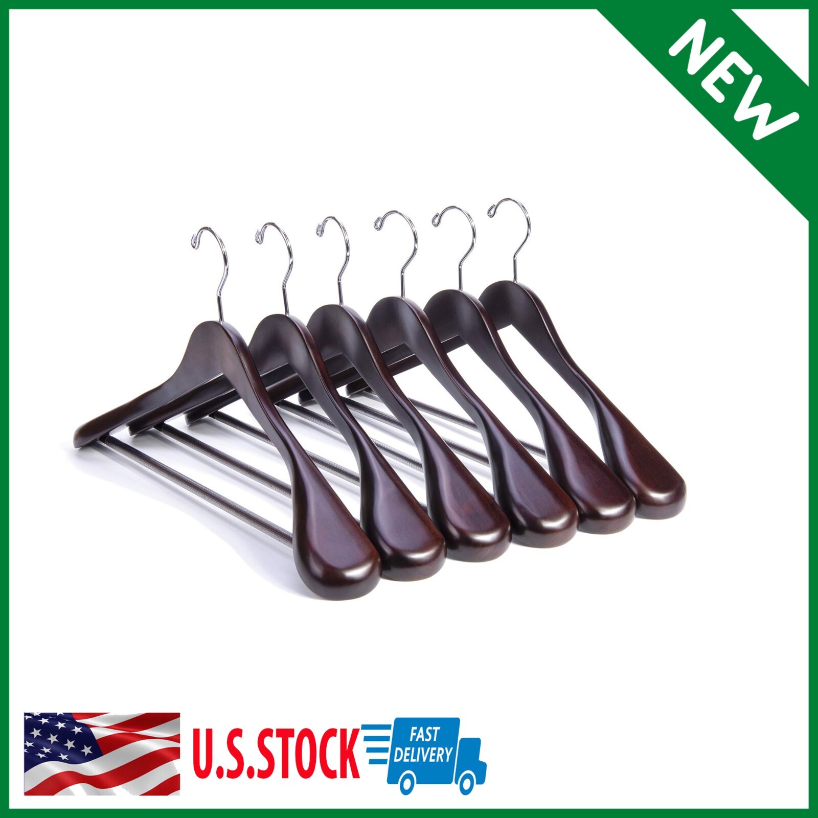 Durable Wooden Coat Hangers Wide Shoulder Anti-Slip Bar 6-Pack-image
