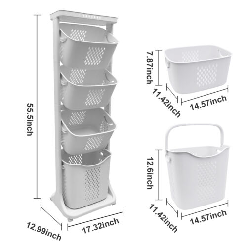 4Tier Laundry Hamper Basket Sorter Clothes Storage Organizer Shelf Rolling Cart - Picture 12 of 15