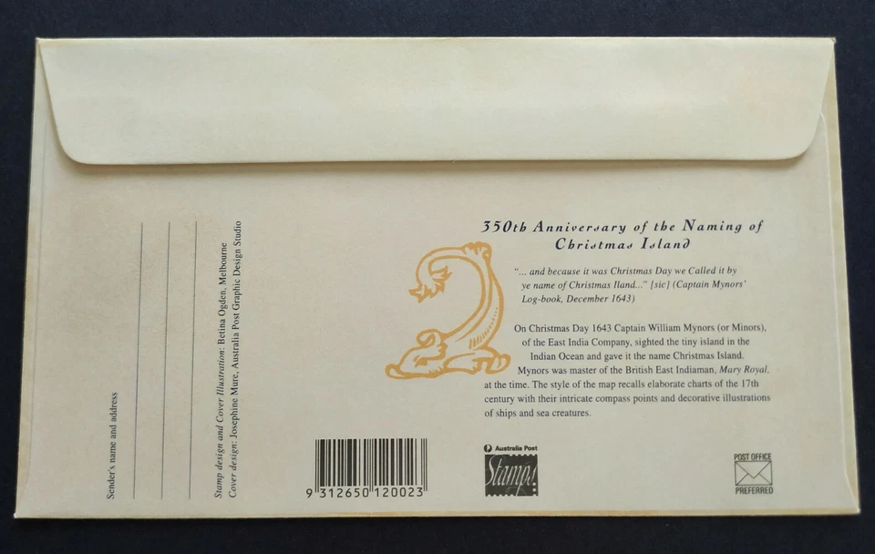 1993 Christmas Island 350 Years Naming by Captain Mynors, Map Ships 1v Stamp FDC - Image 3 of 3