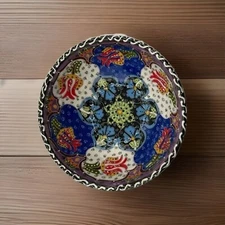 Turkish Handmade Paint Raised Colorful Floral Ceramic Pottery Bowl No Damage