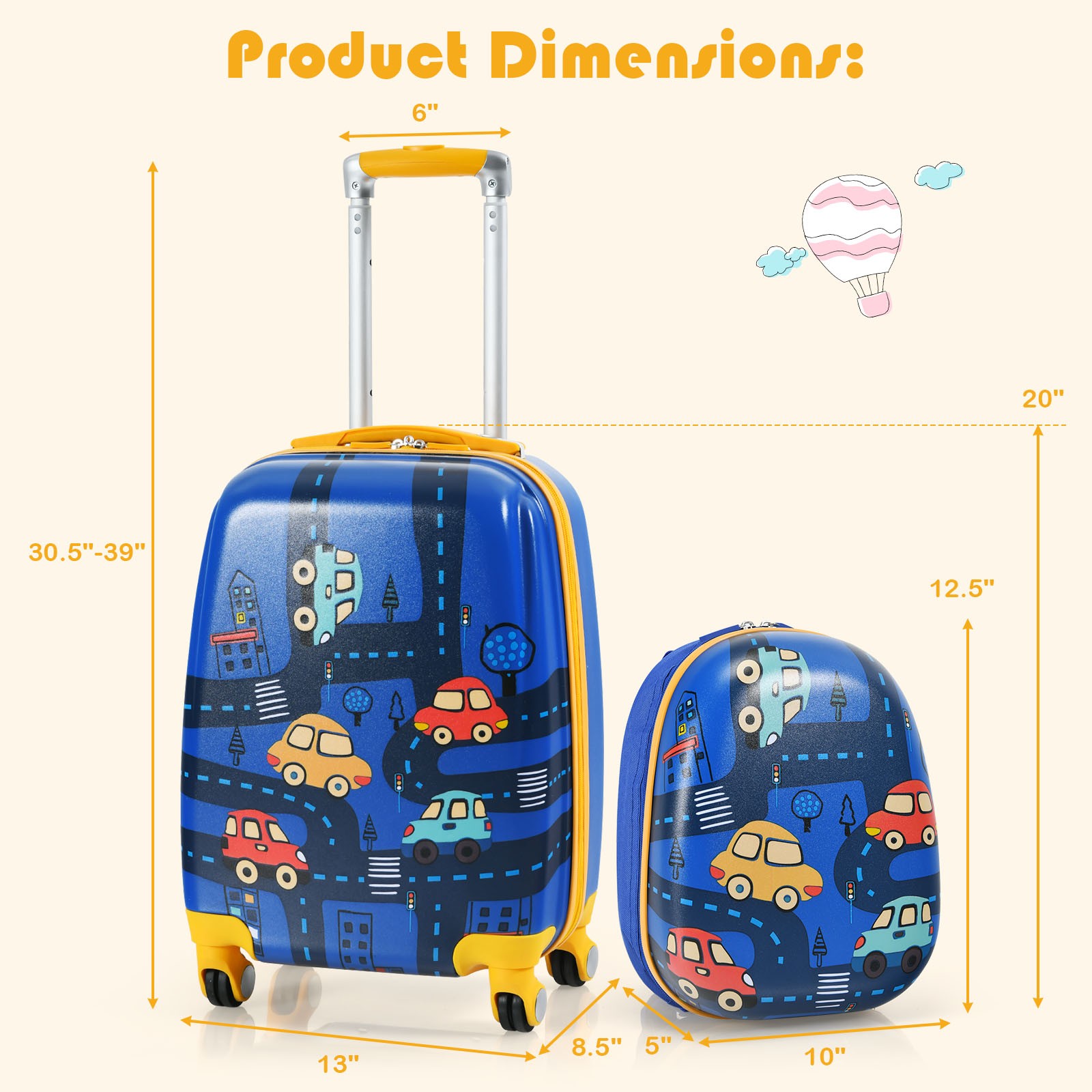 Kids 2PC Carry On Luggage Set 12" Backpack & 18" Rolling Suitcase for Travel