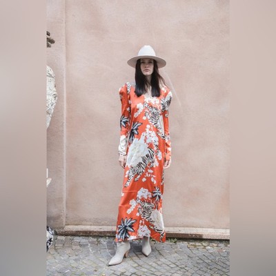 silk tiger dress RIXO Tan Evie Silk Tiger Maxi Dress