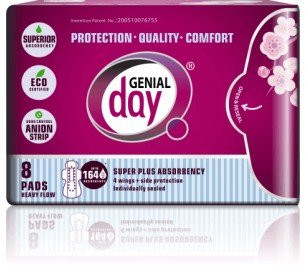 Genial Day Eco-Certified Super Absorbent Heavy Flow с анионной полоской 8 прокладок в коробке 2190₽
