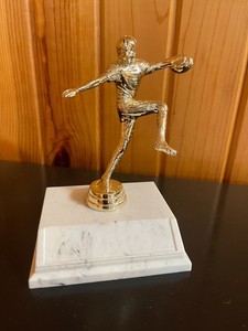 VINTAGE FOOTBALL TROPHY GOLD TONE WHITE BASE CLUB TOURNAMENT PARTY